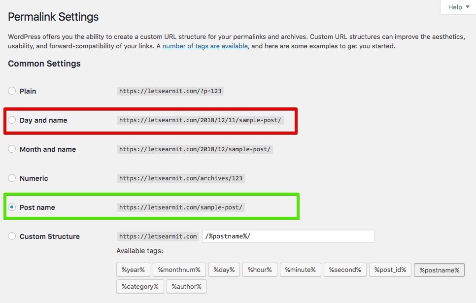 Permalink settings in WordPress