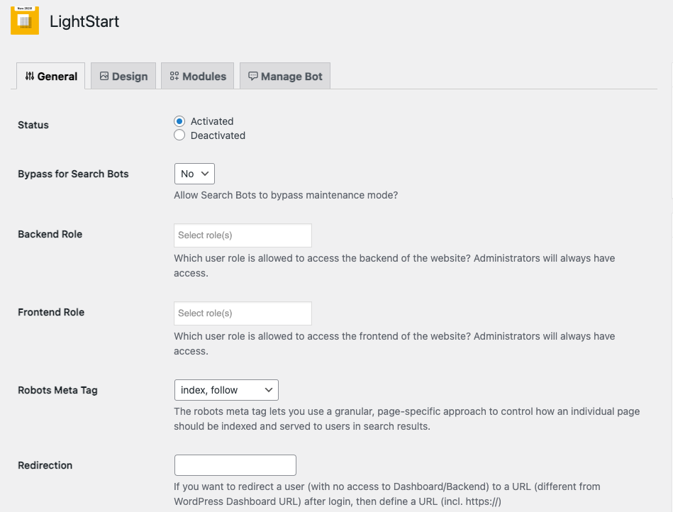 LightStart-General-settings