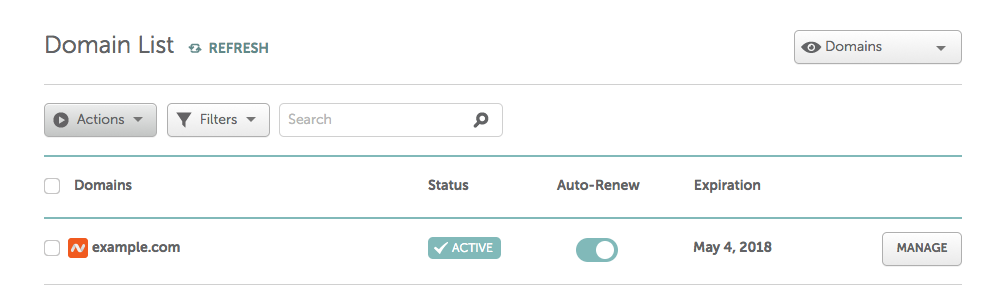 Namecheap domain dashboard entry