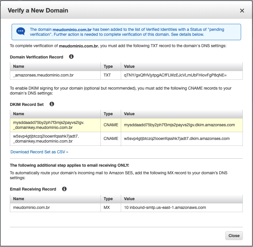 Verify New Domain - Amazon SES