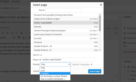 Insert page popup Insert page popup