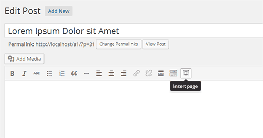 Insert page button in the visual editor Insert page button in the visual editor